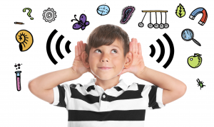 sound of science boy with various icons around listens