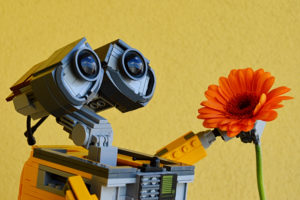 robot looks at flower
