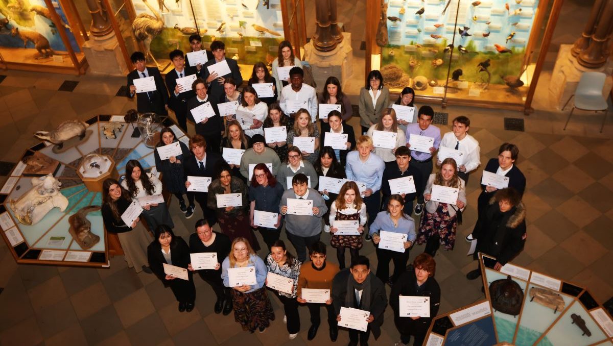 group of students with certificates, view from above
