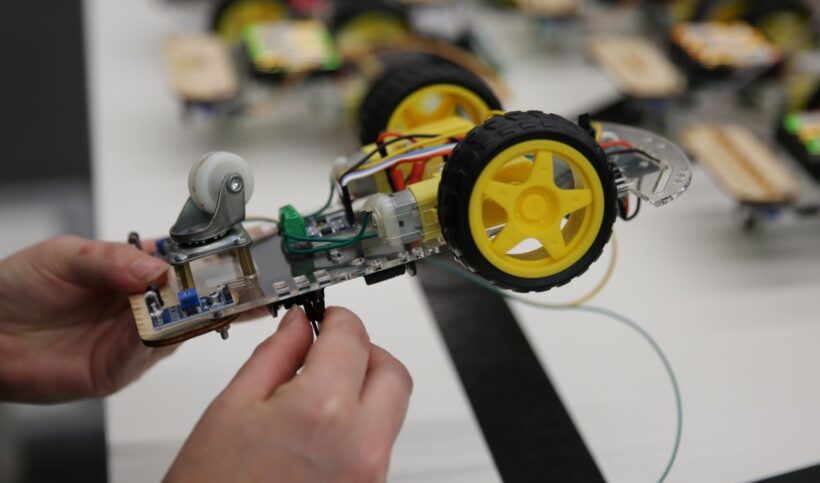 Connecting wires in robot with wheels
