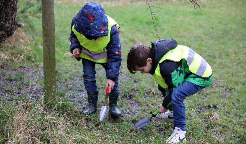 Two children with garden trowels digging soil to plant bulbs in the woodland