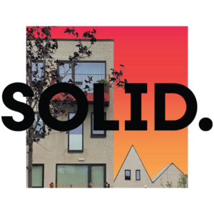 Company logo picture of buildings overlaid with text in black of Solid.